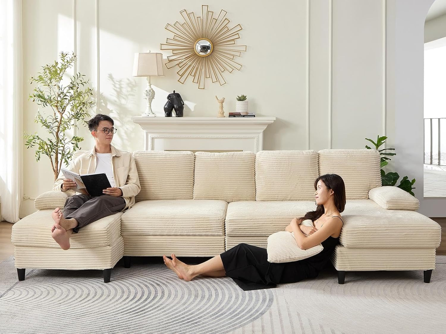 4 Seater U-Shaped Sectional Sofa Couches with Sleepable Armrest for Living Room Sets Furniture, 112" Width Corduroy Living Room Sleeper Sofa Couch Set with Double Chaises for Home Office, Beige