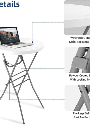 28-Inch Folding Round High Top Cocktail Table with Detachable Legs - Set of 2, Perfect for Indoor and Outdoor Events, Gatherings, Patios, Backyards, Dining, and Weddings, White