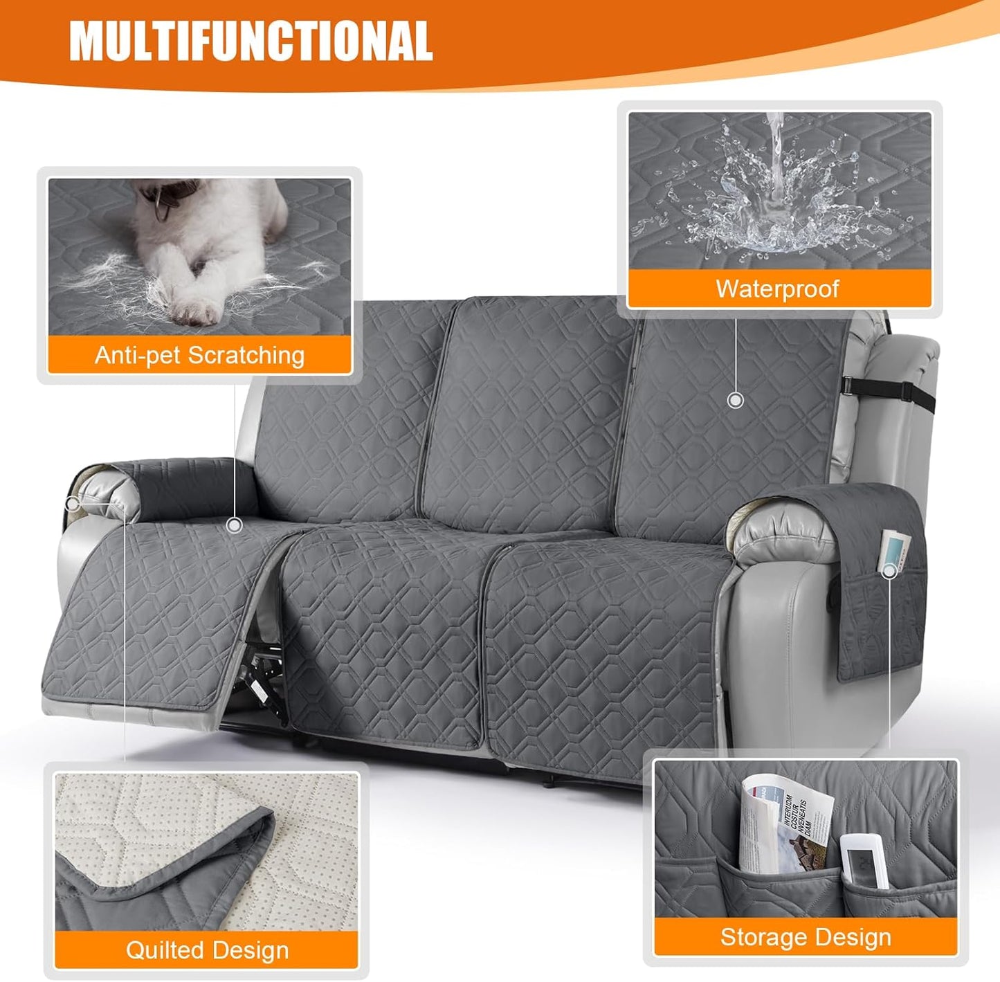 Waterproof Recliner Couch Covers, Sofa Covers 1-Piece Washable Reclining Sofa Cover Non-Slip Furniture Protector with Elastic Straps Pocket for Dogs, Pets(Dark Gray,3 Seater)