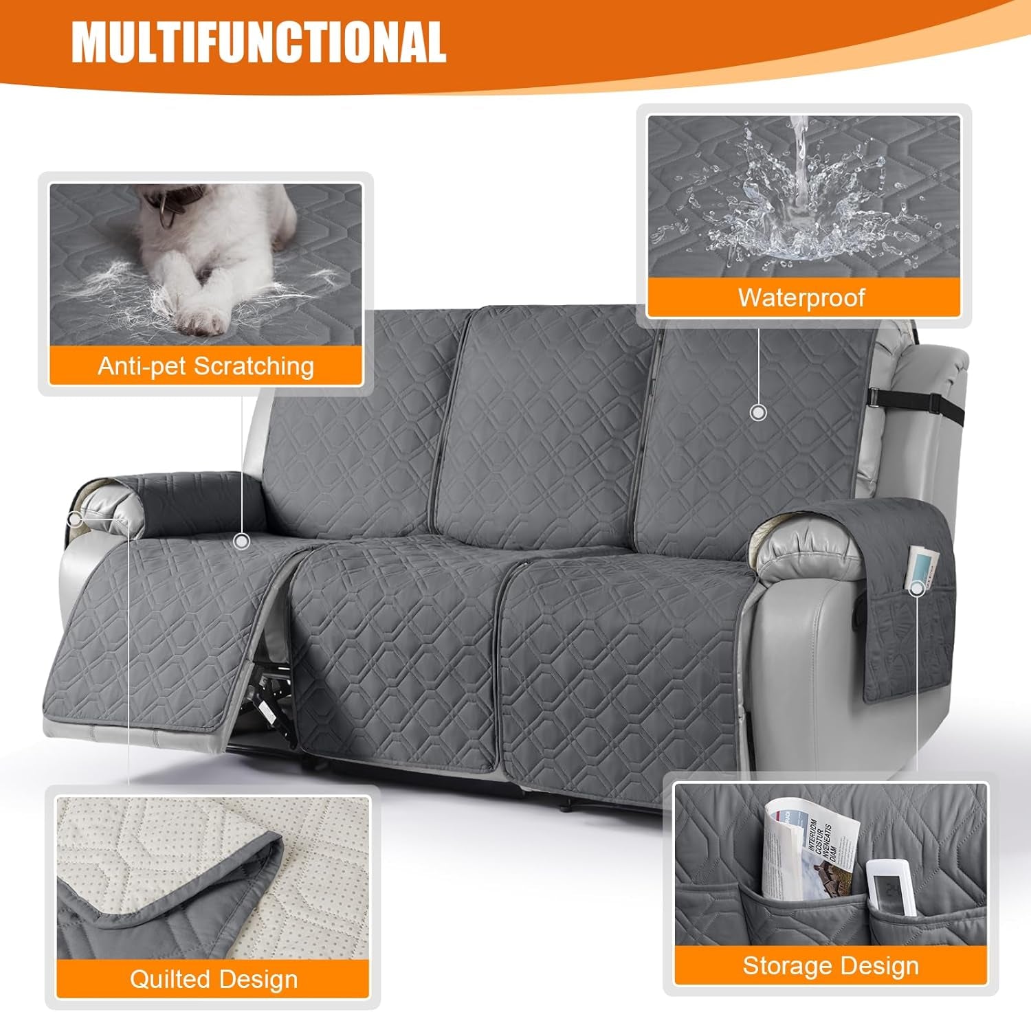 Waterproof Recliner Couch Covers, Sofa Covers 1-Piece Washable Reclining Sofa Cover Non-Slip Furniture Protector with Elastic Straps Pocket for Dogs, Pets(Dark Gray,3 Seater)