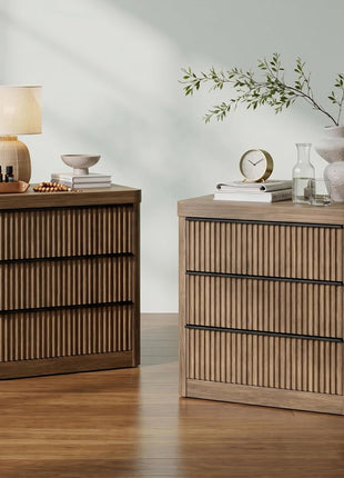 Set of 2 Fluted Nightstands with Charging Station, 3-Drawer Storage End Tables in Grey Alder for Bedroom and Living Room