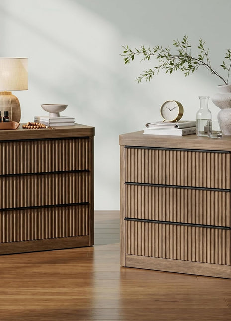 Set of 2 Fluted Nightstands with Charging Station, 3-Drawer Storage End Tables in Grey Alder for Bedroom and Living Room