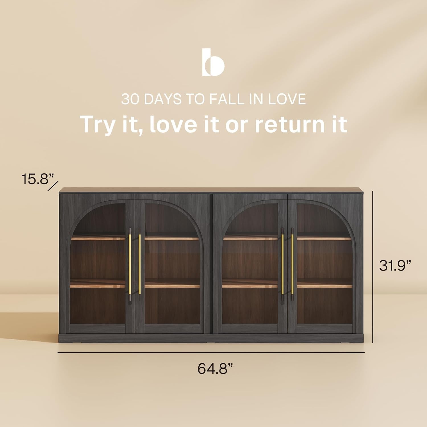 65" Arched Sideboard with Glass Door, Accent Buffet Cabinet with Storage and Adjustable Shelves, Classic Modern Large Console Table for Dining Room Living Room Entryway (Ebony)