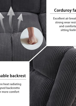 3-Piece Sectional Recliner Sofa Set with Storage and Cup Holders in Dark Grey - Corduroy Living Room Furniture for Home or Office