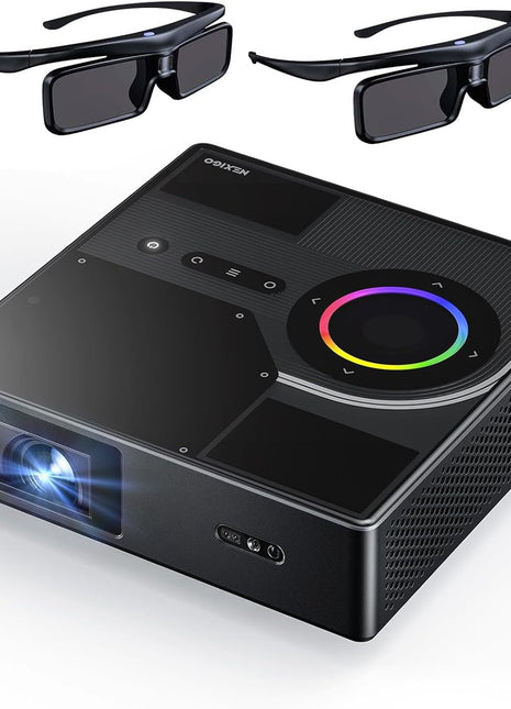 Nova Mini Bundle - Portable Laser Projector with Google TV, 1080P FHD, 1200 Lumens, 15000:1 Contrast Ratio, 3D Capability, Auto Setup, 150" Display, 8W Dolby Audio, and DLP Link 3D Glasses (2-Pack)