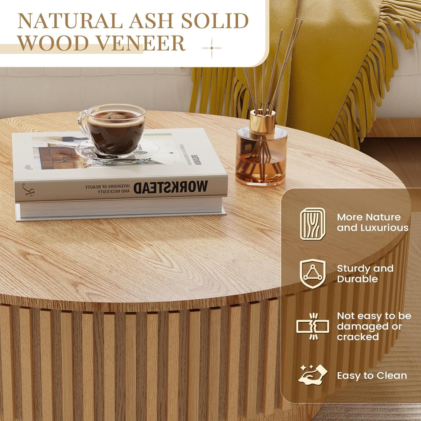 39.37'' round Coffee Table with Storage, Modern Fluted Circle Coffee Table Unique Drum Low Center Tea Table with Solid Wood Veneered for Living Room, Mesas De Centro Para Sala, Natural