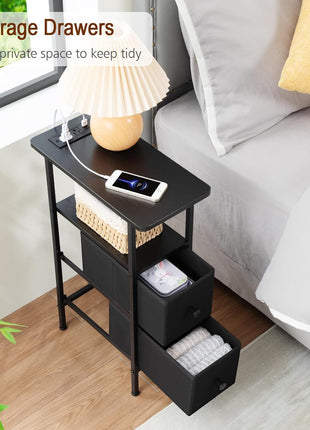 Narrow End Table with Integrated Charging Station - Slim Side Table Featuring Fabric Drawers for Living Room and Bedroom, Perfect for Compact Spaces, Black, Model HETNDP02BK-1