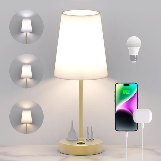 Bedside Table Lamp for Bedroom, 3-Way Dimmable Lamp with AC Outlet and USB C Charging Ports(Pd 20W), Lamps with Shade for Night Stands, Living Room, Desk, and Home Office