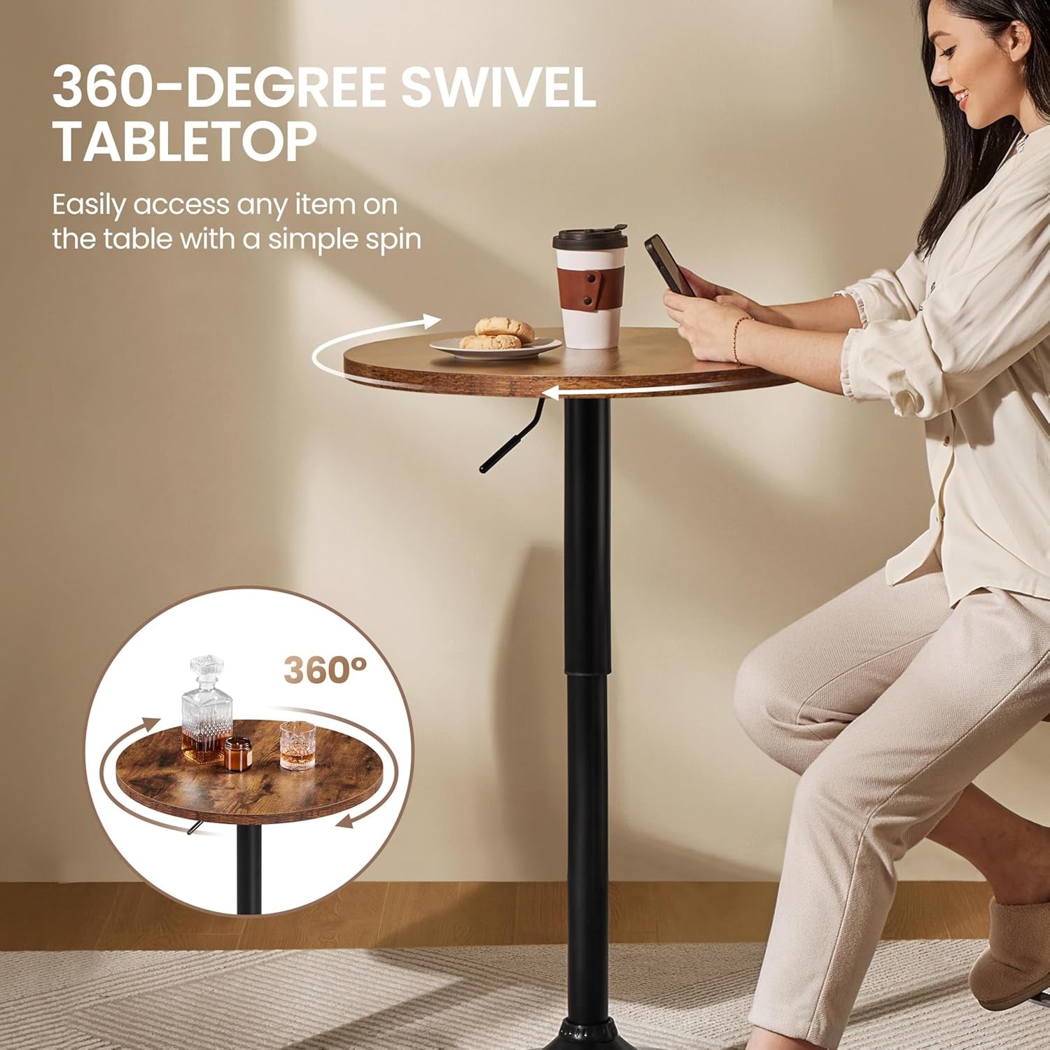 round Table, Adjustable Height Cocktail Table, 360° Swivel Bar Tables with MDF Top, Silver Leg Base for Bar, Bistro, Café, Rustic Brown