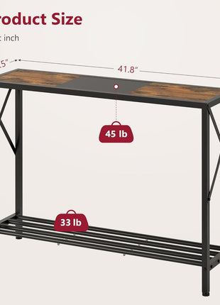 41.8-Inch Industrial Console Table with Two-Tier Shelving for Entryway, Living Room, and Office in Rustic Brown and Black