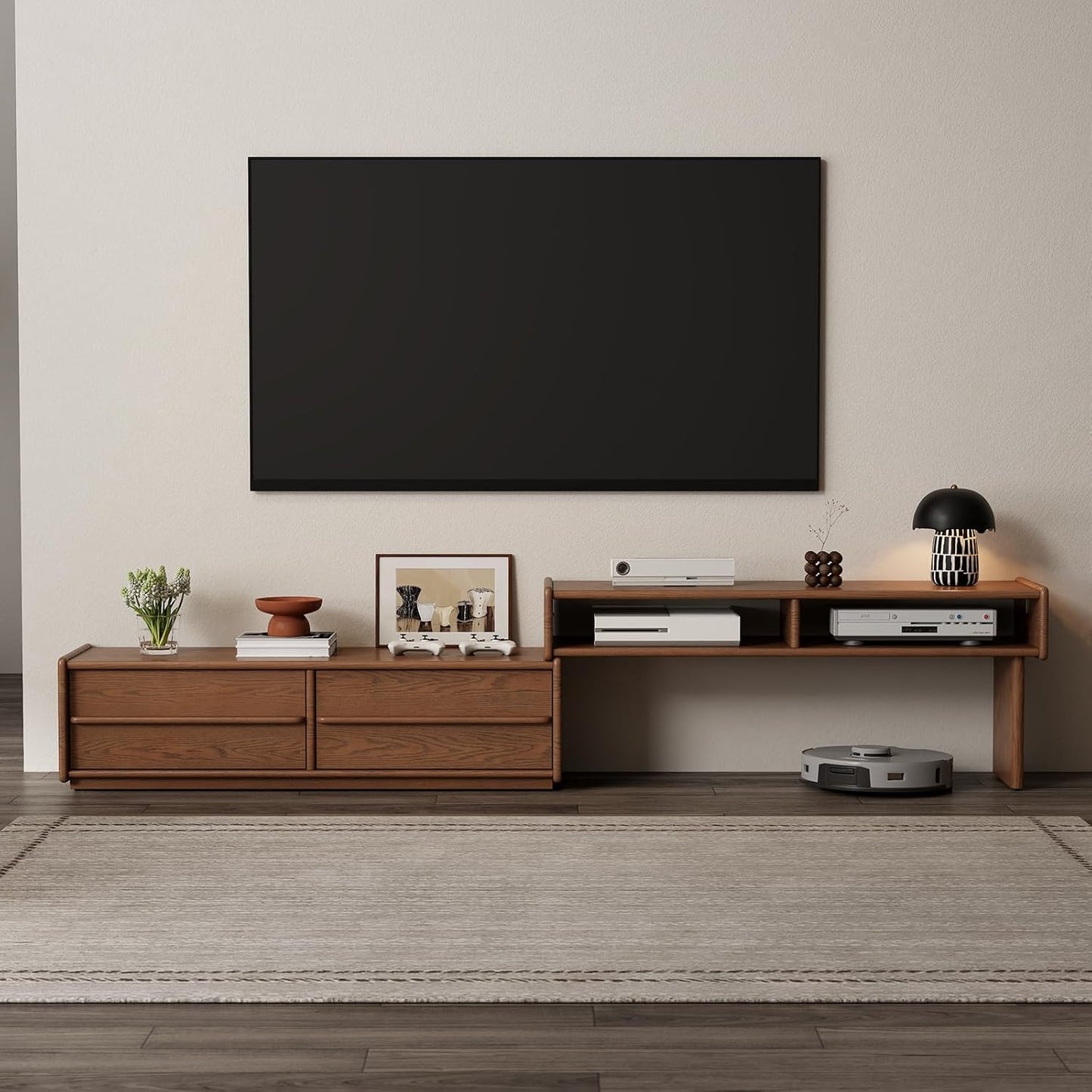 Solid Wood TV Stand for Tvs up to 65 Inch，Extendable Tv Stand with Storage and Shelf for Living Room, Bedroom, Offic