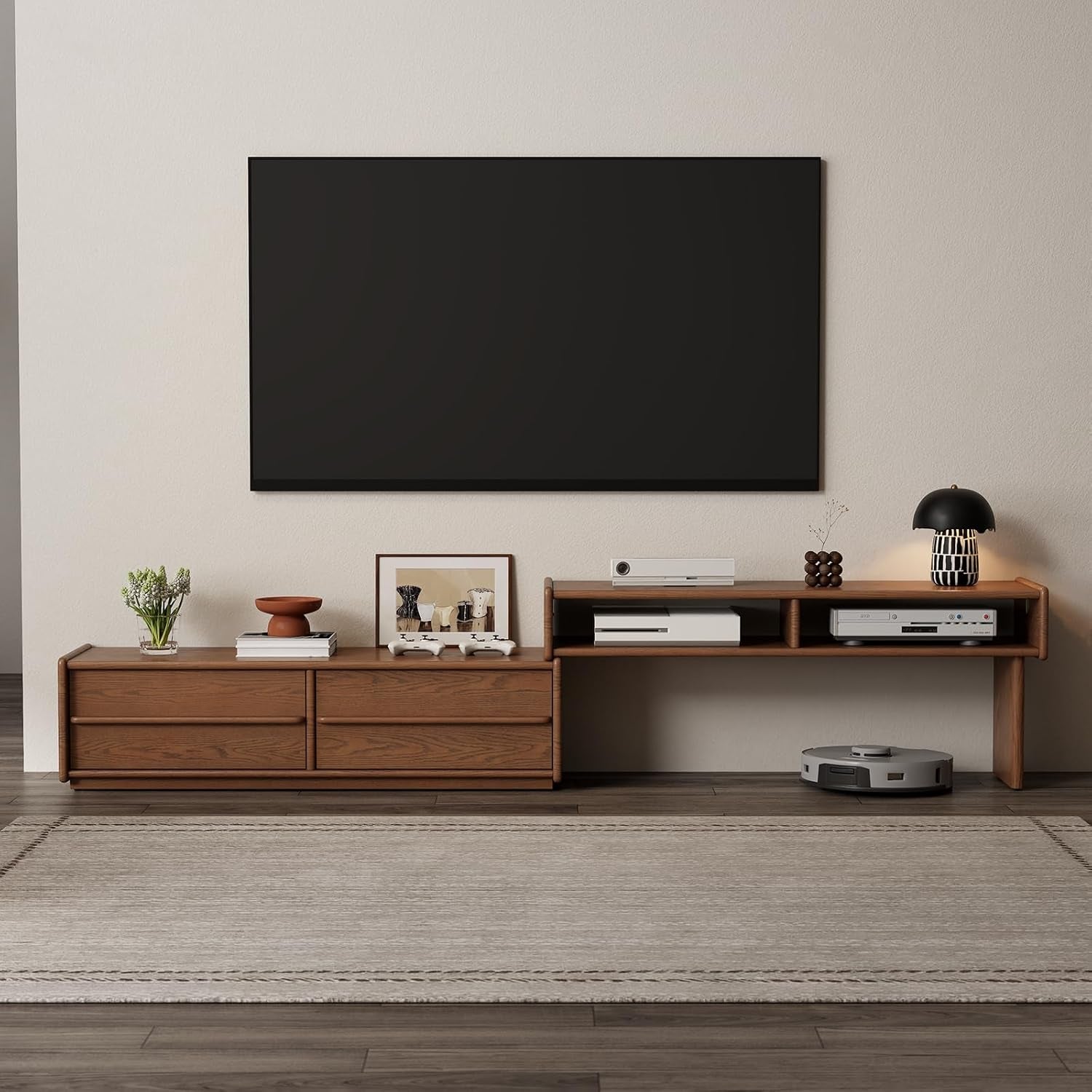 Solid Wood TV Stand for Tvs up to 65 Inch，Extendable Tv Stand with Storage and Shelf for Living Room, Bedroom, Offic