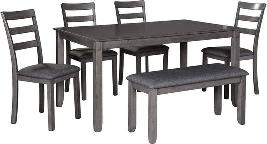 Bridson 6 Piece Dining Set, Includes Rectangular Dining Table, 4 Ladderback Chairs & Bench, Wood, 36" W X 60.13" D X 30" H, Gray