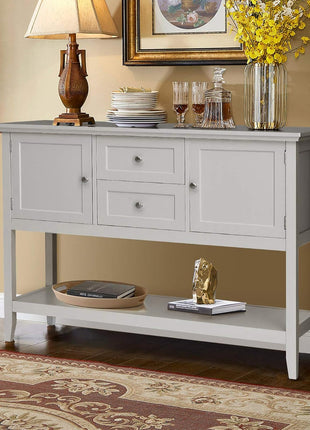 Grey Wood Buffet Sideboard with Storage Shelves, Drawers, and Cabinets for Living, Kitchen, and Dining Areas