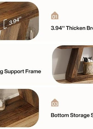55-Inch Rustic Farmhouse Console Table with Storage - Industrial Wooden Entryway Table for Hallway and Living Room in Dark Brown