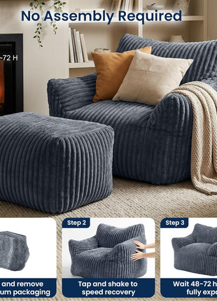 Oversized Bean Bag Chair with Ottoman for Adults, Plush Lounge Sofa Bed for Living Room and Bedroom - Grey