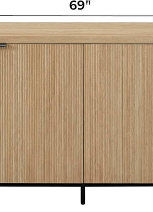 Reema Fluted 4-Door Buffet Console Sideboard, 69-Inch, Coastal Oak Finish