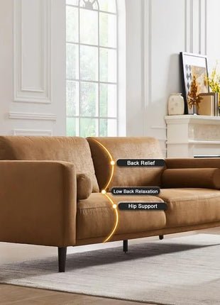 79-Inch Mid-Century Modern Faux Leather Sofa Couch with Deep Seats, Cloud Cushions, and Two Pillows - 3-Seater Loveseat for Living Room, Office, Bedroom, or Apartment in Brown