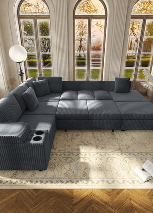 Spacious 110" L-Shaped Plush Corduroy Modular Sectional Sofa with Pull-Out Bed, 6-Seater Sleeper Couch, Ottoman, USB Ports, and Cup Holders - Effortless Assembly, Ideal for Living Room, Gray