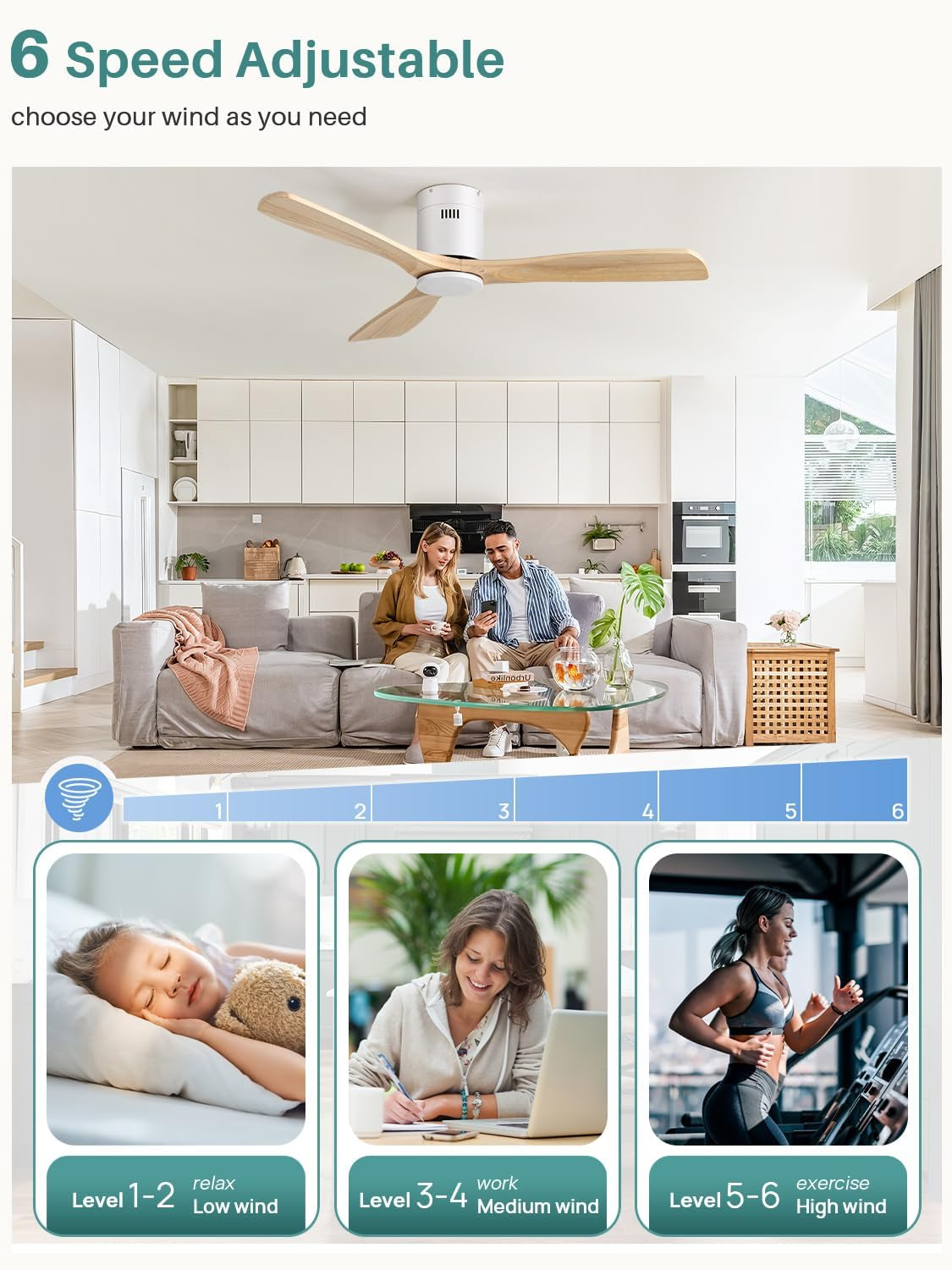 52 Inch Solid Wood Ceiling Fan without Lights Flush Mount Ceiling Fans with Remote Control-Wood Blades Modern Outdoor Ceiling Fan No Light for Bedroom/Farmhouse/Patio/Indoor,Natural Wood White