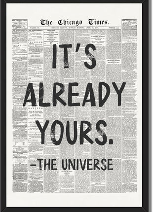 Framed Black and White Retro Newspaper Wall Art - "It's Already Yours" Universe Quote - Inspirational Canvas Print for Bedroom, Office, Apartment, and Dorm - 8x12 Inches