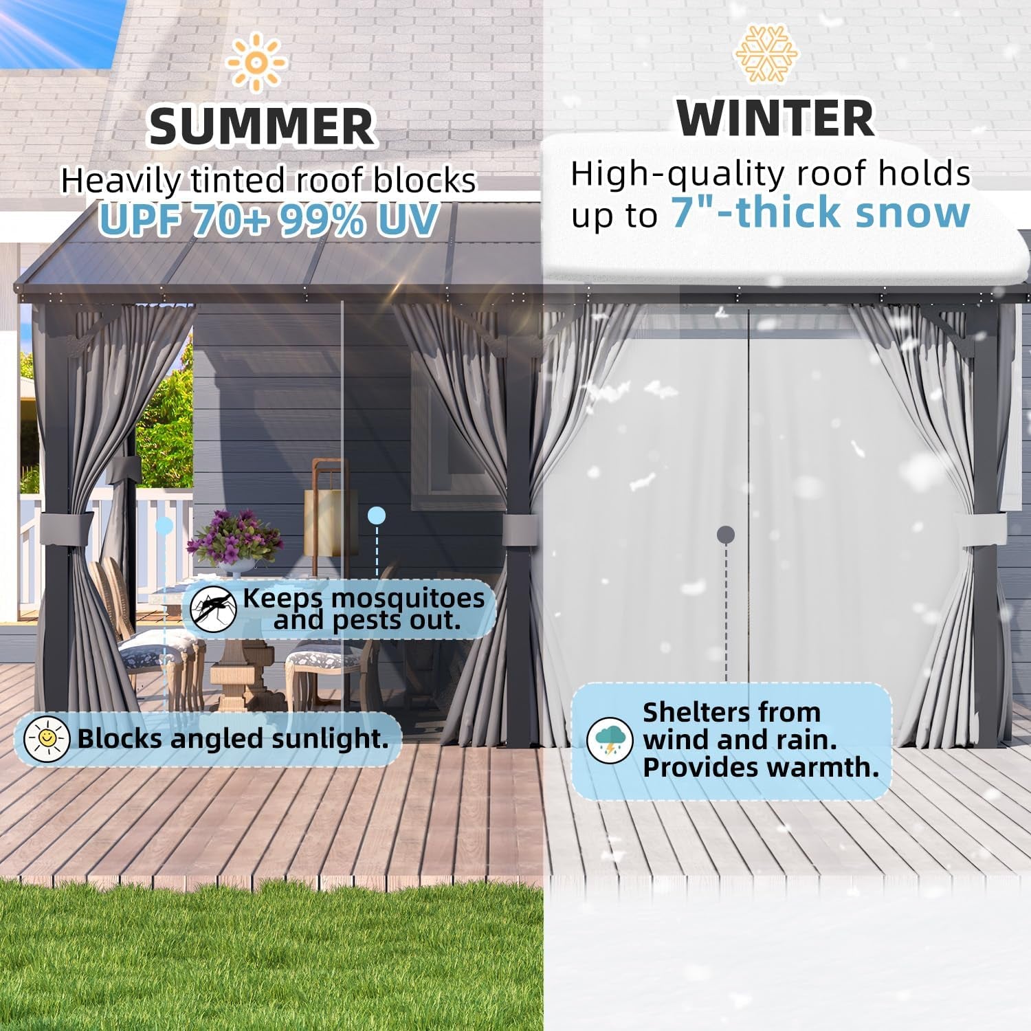 14' X 10' Gazebo for Patio, Hard Top Lean to Gazebo Pergola with Curtains and Mosquito Netting, Large Wall-Mounted Heavy Duty Awnings for Patio, Decks, Backyard and More