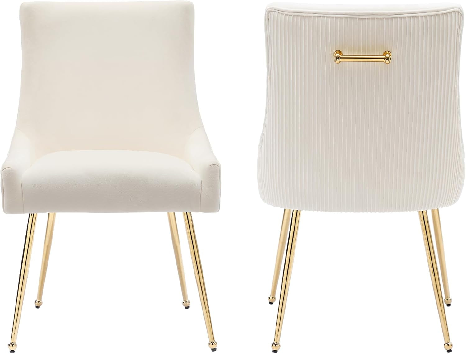 Velvet Dining Chairs Set of 2 with Gold Metal Legs, Modern Upholstered Kitchen Chair with Pull Handle & Pleated Back, Mid Century Accent Chair for Vanity,Dining,Kitchen,Living Room, Beige
