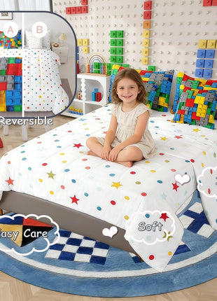 3D Building Blocks Comforter Set - 7 Piece Twin Bed in a Bag, Colorful Construction-Themed Bedding with Gradient Rainbow Brick Design