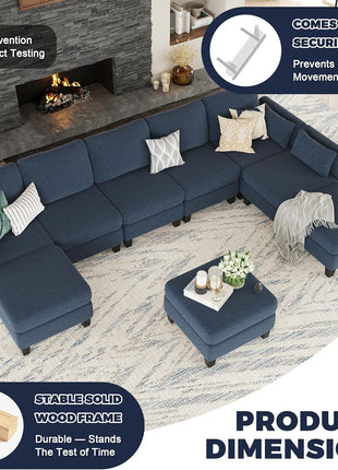 Elegant Blue Modular Sectional Sofa - 6-Seat Convertible Sleeper Couch with Ottomans for Enhanced Comfort in Your Living Room