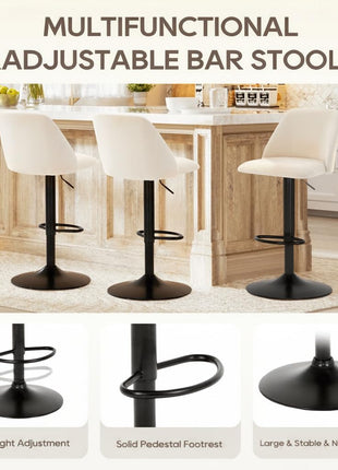 Set of 2 Adjustable Fabric Bar Stools - 360° Swivel Counter Height Chairs with Cushioned Seat and Sturdy Metal Base for Dining Room and Kitchen Island, 250 lbs Capacity