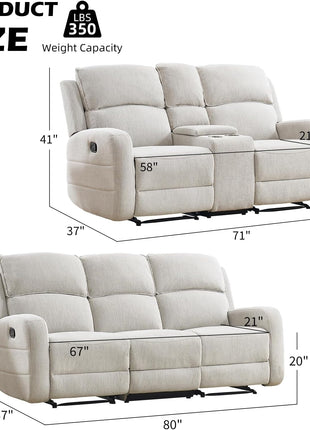 Reclining Sofa Set in Soft Fabric: Overstuffed Loveseat and 3-Seater Couch for Living and Meeting Rooms