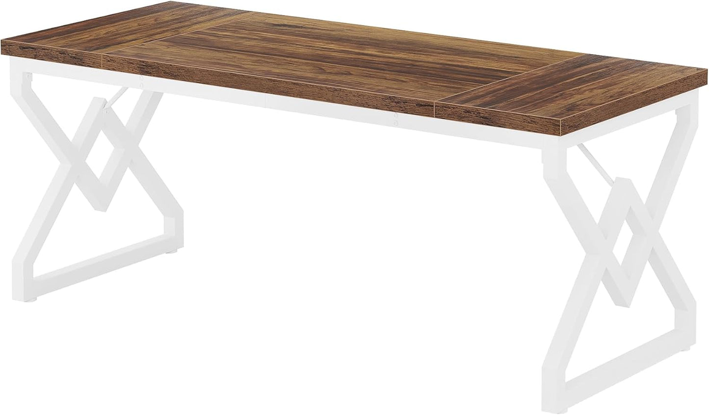 63 Inch Executive Desk, Large Office Desk with Metal Frame, Ergonomic Writing Desk Computer Workstation, Modern Wood Computer Desk for Home Office, Easy Assembly (Brown+White)