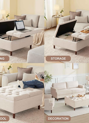 35-Inch Extra Large Upholstered Storage Ottoman Coffee Table, No Assembly Required, Oversized Square Design in Beige Fabric for Living Room