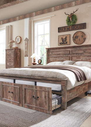 Farmhouse King Size Bed Frame with 51-Inch Tall Headboard, Wood Platform Design Featuring 20-Inch Roman Column Footboard and Three Spacious Storage Drawers, No Box Spring Required (Light Brown)
