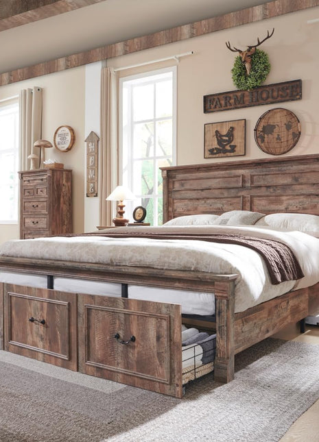 Farmhouse King Size Bed Frame with 51-Inch Tall Headboard, Wood Platform Design Featuring 20-Inch Roman Column Footboard and Three Spacious Storage Drawers, No Box Spring Required (Light Brown)