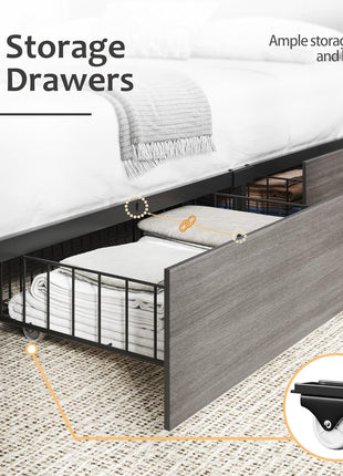 Queen Bed Frame with Storage Headboard, Wood Construction with High Storage Bookcase, Four Drawers, LED Lighting, and Charging Station, No Box Spring Required, Noise-Free, All-Metal Support, Rustic Grey Finish