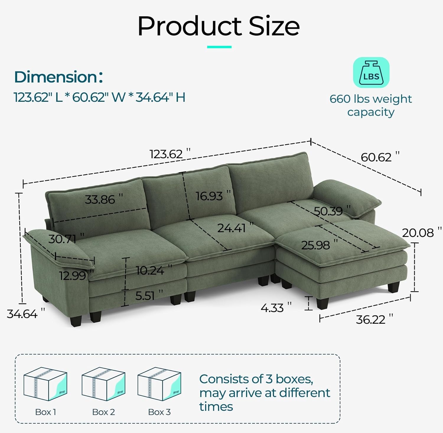 123'' Modular Sectional Sofa Green Couch Corduroy Cloud Couches for Living Room, L Shaped Couch with Movable Ottoman, Modern Cloud Sectional Sofas for Bedroom and Apartment, Green