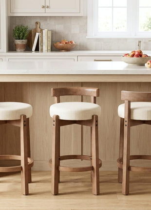 Set of 2 Mid-Century Modern Linen Upholstered Bar Stools, 26.5-Inch Counter Height with Solid Wood Legs for Kitchen Island and Dining Room, Beige