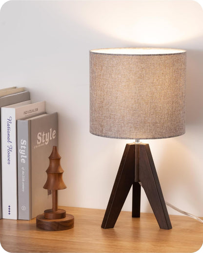 Boho Small Table Lamp, Walnut Color Wooden Tripod Bedside Lamp, Farmhouse Nightstand Lamp for Nursery, Bedroom, Office, Kid Room, Living Room, Grey Linen Lampshade, E26 Socket, 14.2 Inch