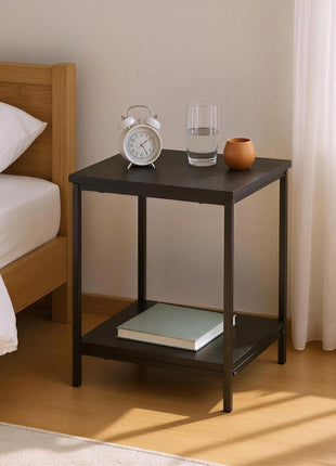 End Table with Lower Shelf, Steel Frame, and Black Wood Finish for Living Room