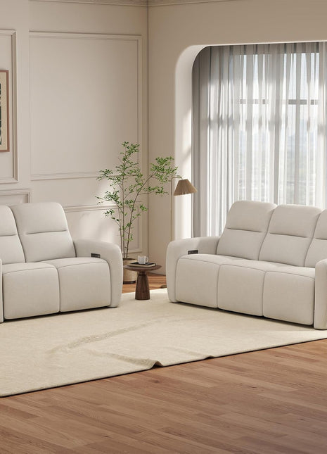 3-Seater Reclining Sofa and Loveseat Set with USB and Type-C Charging Ports, Overstuffed Fabric Design for Living Room, Home Theater, and RV (Beige)