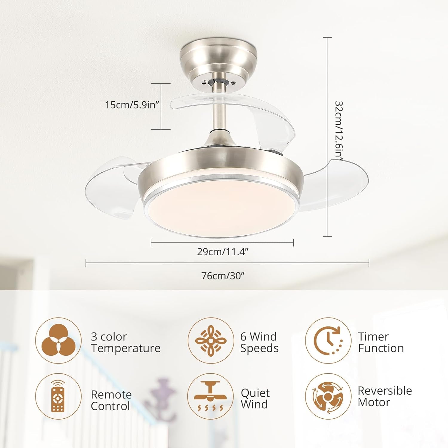 30" Retractable Ceiling Fans with Lights, Dimmable LED Ceiling Fan Remote Control, Modern Small Fan Light for Bedroom Living Room Dinning Room Kitchen, 3000K-6500K, 6 Speed (Brushed Nickel)