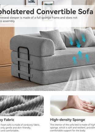 Convertible Sleeper Sofa Bed with Pillow - Corduroy Fabric, High-Density Sponge, Fixed-Shape Frame, Modular Design for Living Room, Lounge, Studio (Light Grey)