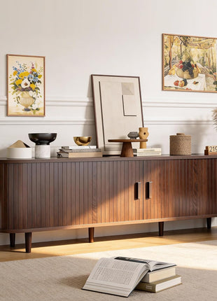 70-Inch Mid-Century Modern Television Stand with Sliding Doors, Power Outlet, Adjustable Shelves, Fluted Design, and Walnut Finish