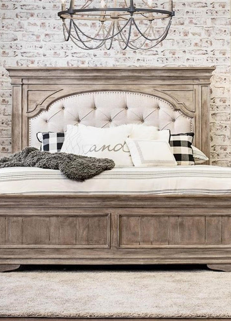 Highland Park 83.5" x 90" Farmhouse Wood and Fabric Upholstered King Bed with Button-Tufted Headboard and Low Vertical Planked Inset Footboard in Driftwood Gray Finish by  Company