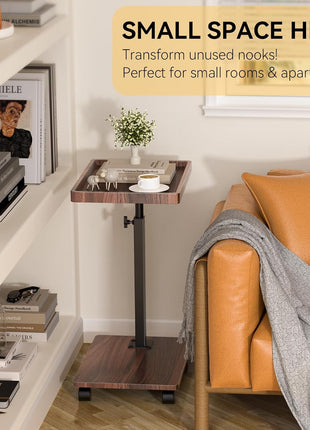 Adjustable Height C-Shaped End Table with 360° Swivel Functionality, Perfect for Compact Living Areas - Walnut Brown Finish
