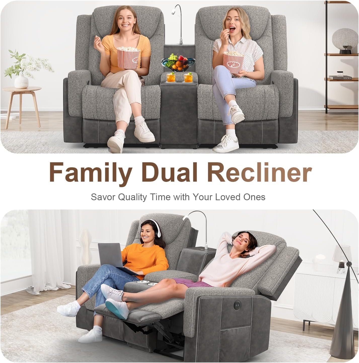 Loveseat Recliner Sofa, Manual Reclining Loveseat with Reading Light, Chic Blend Style Sofa, Storage Console, Cup Holders, USB Ports, Fabric & PU Leather, Recliner Couch for Living Room/Rv