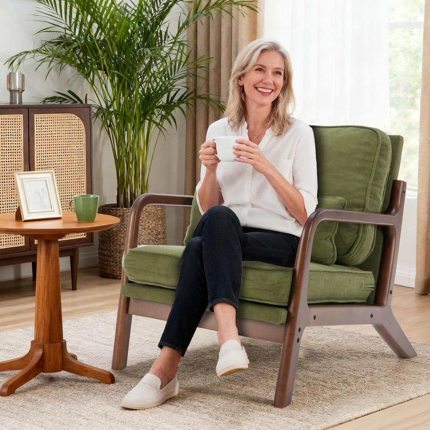Mid Century Accent Chair, Modern Living Room Chairs with Arms and Waist Cushion, Reading Chairs for Adults, Lounge Chair for Bedroom, Solid Wooden Frame, Classic Green