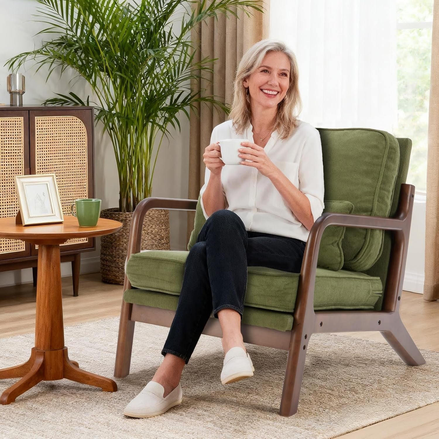 Mid Century Accent Chair, Modern Living Room Chairs with Arms and Waist Cushion, Reading Chairs for Adults, Lounge Chair for Bedroom, Solid Wooden Frame, Classic Green