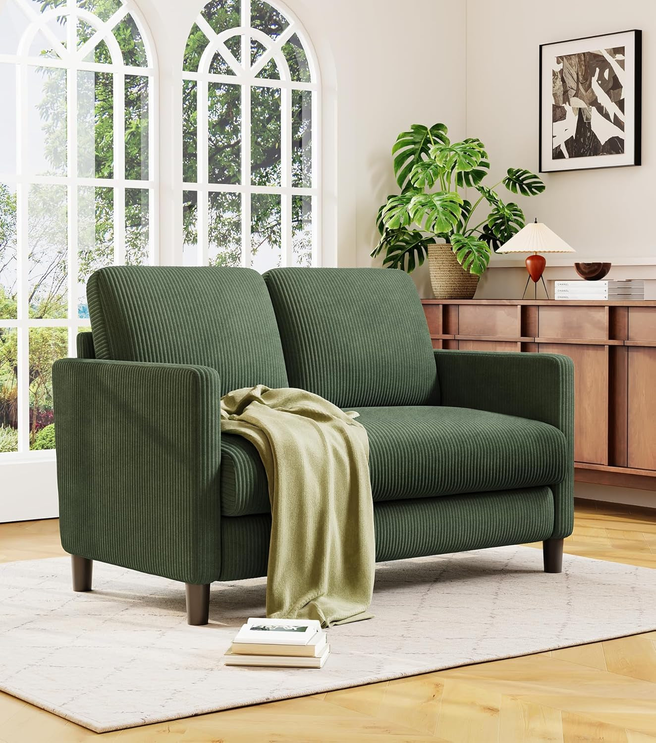 Loveseat Sofa, 51" Love Seat, Comfy Corduroy Small Loveseat for Small Spaces, Tool-Free Setup Couch for Bedroom, All-Wood Couches for Living Room, No Pillow Included, Green